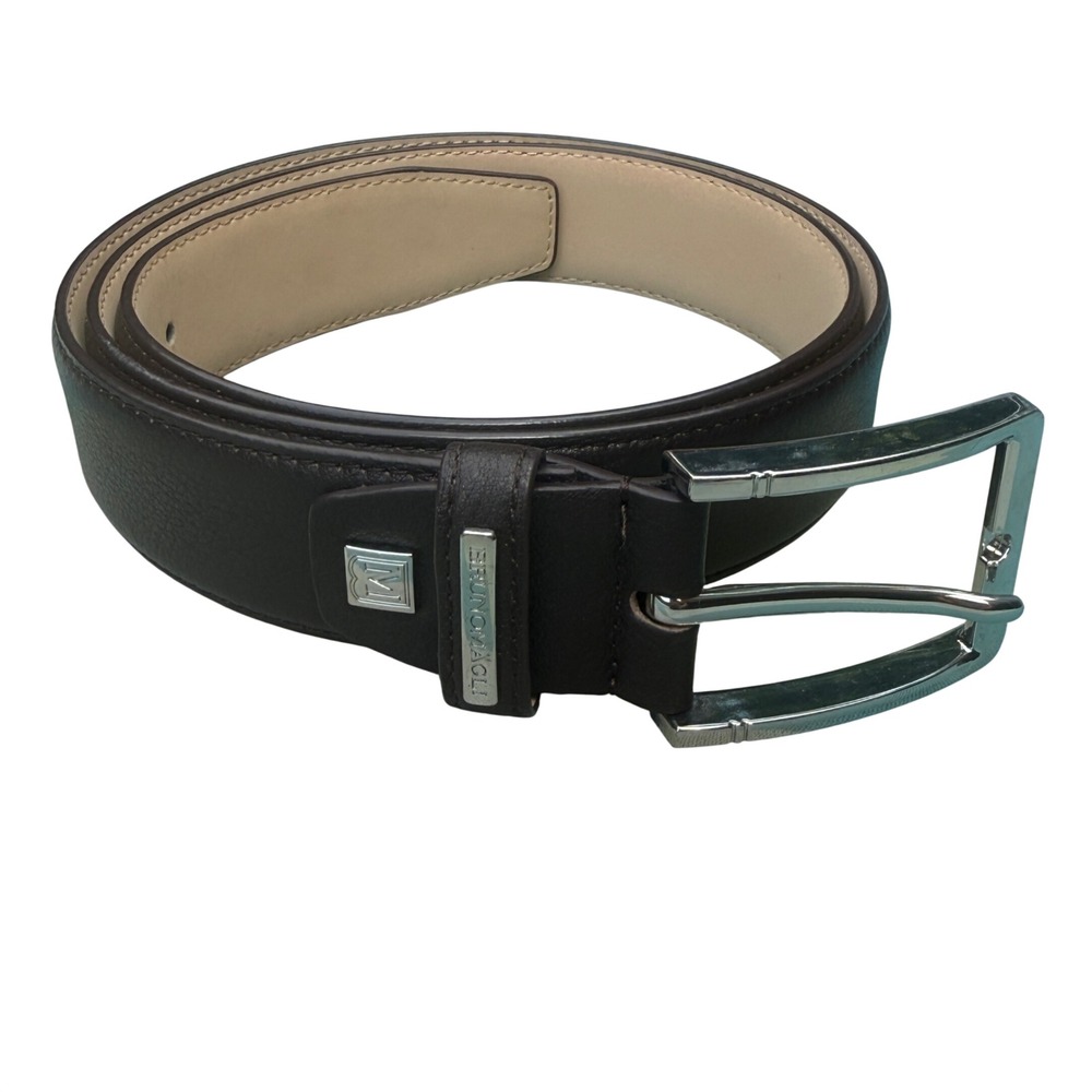 Bruno Magli Reversible Leather Belt in Dark Brown and Cream with Silver Buckle